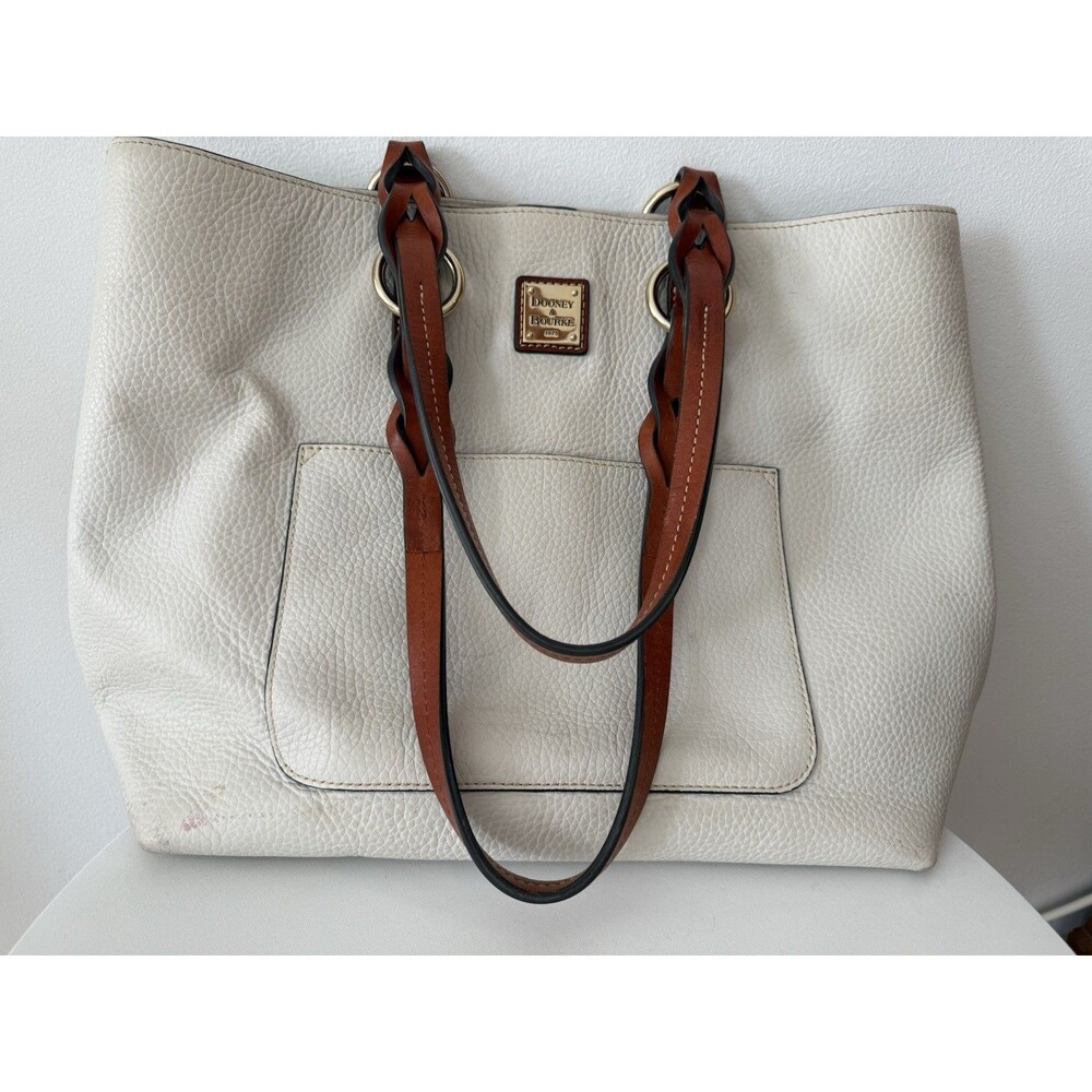 Dooney & Bourke Pebbled Leather Large Tote Bag Ivory Brown Leather Shoulder Bag